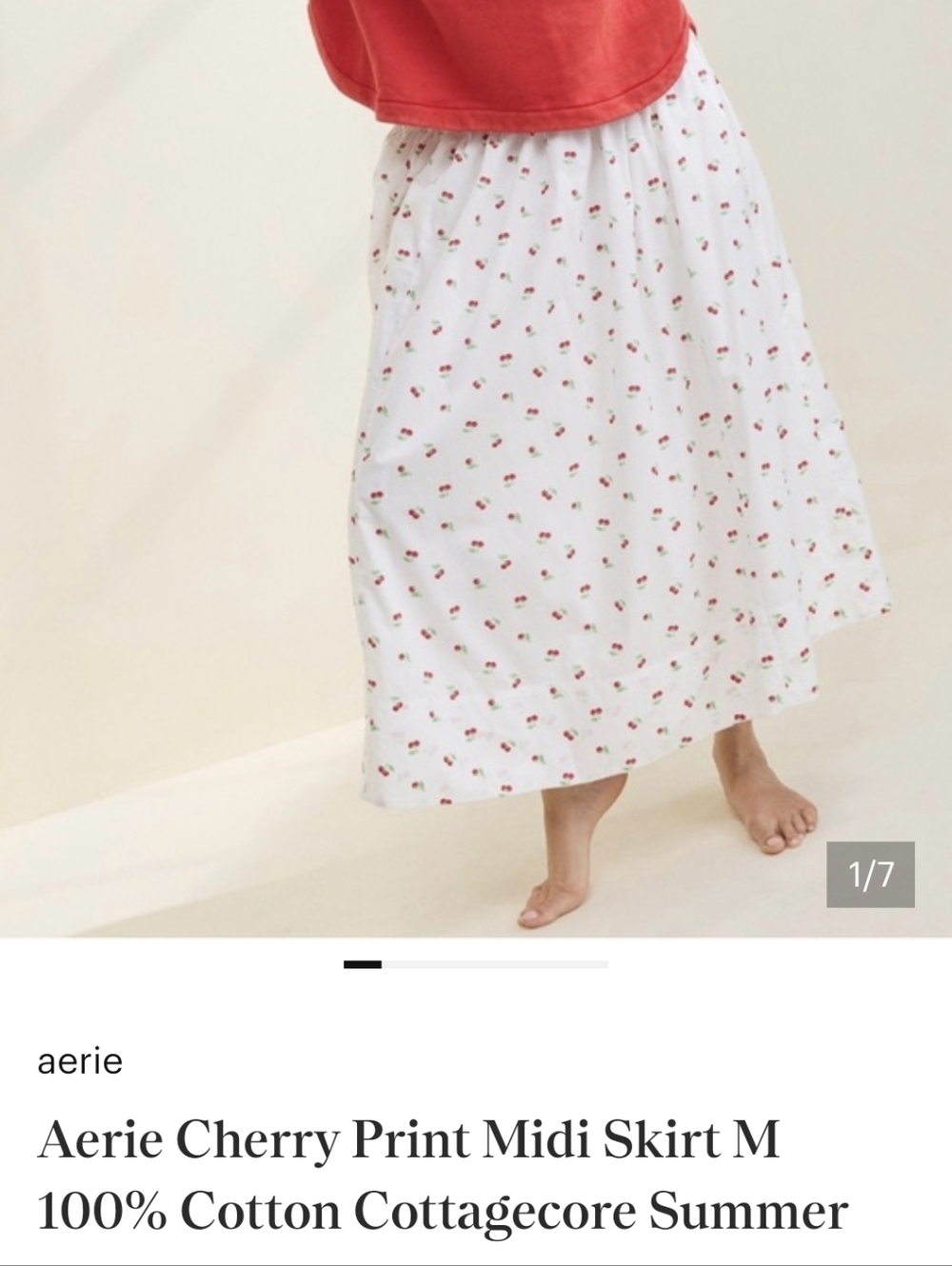 aerie White Midi Skirt with Red Cherry Print